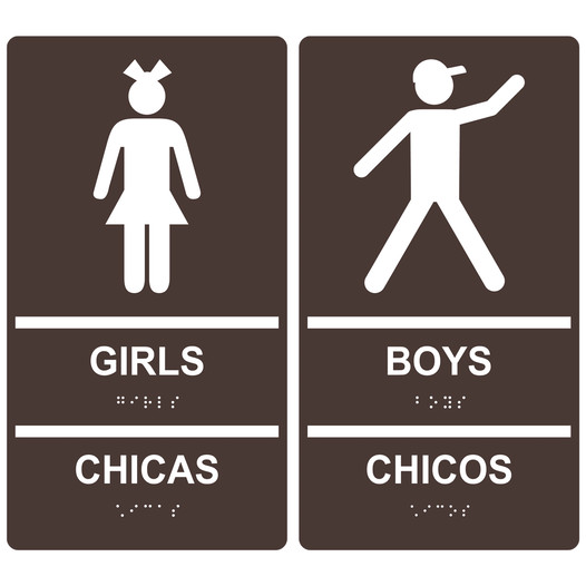 Dark Brown ADA Braille GIRLS CHICAS + BOYS CHICOS Sign Set RRB-135_155PairedSet_White_on_DarkBrown