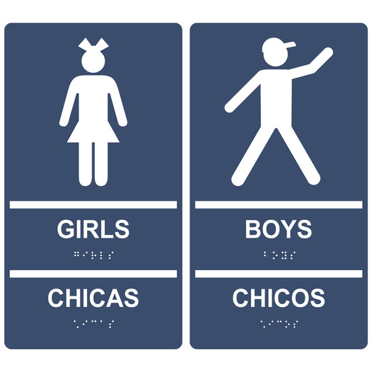 Navy ADA Braille GIRLS CHICAS + BOYS CHICOS Sign Set RRB-135_155PairedSet_White_on_Navy