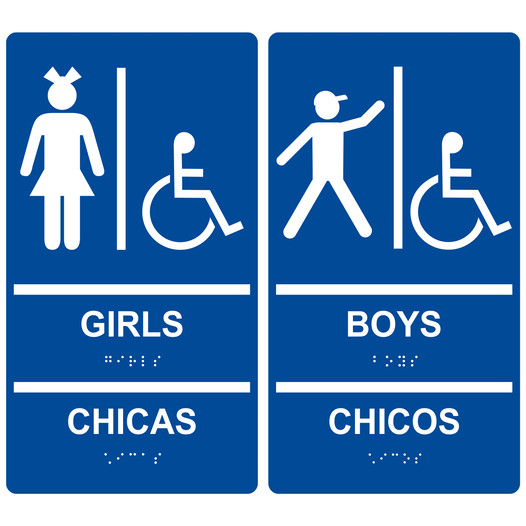 Blue ADA Braille GIRLS CHICAS + BOYS CHICOS Accessible Restroom Sign Set RRB-140_160PairedSet_White_on_Blue