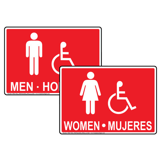 Red Accessible MEN HOMBRES + WOMEN MUJERES Sign Set With Symbols RRB-7040_7050PairedSet_White_on_Red