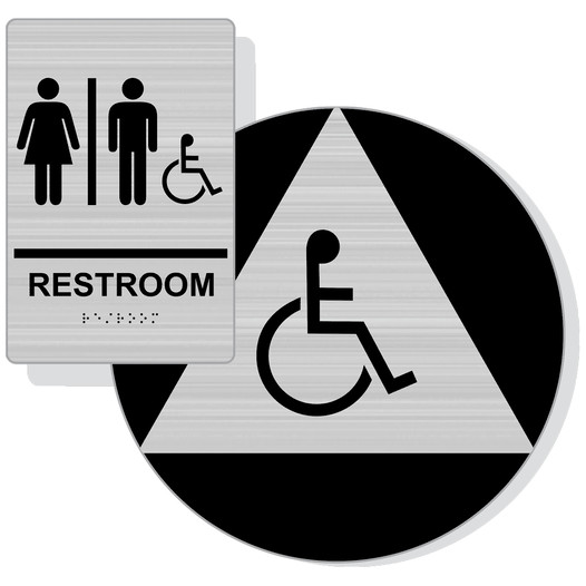 Brushed Silver ADA Braille Accessible Unisex RESTROOM Sign Set RRE-120_190_DCTS_Set_Black_on_BrushedSilver