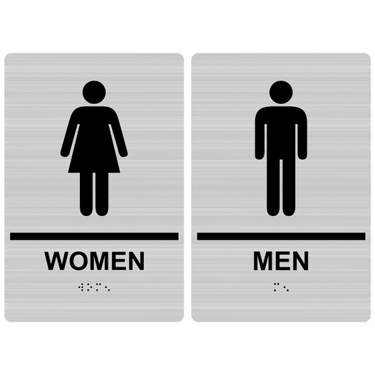 Brushed Silver ADA Braille WOMEN - MEN Restroom Sign Set RRE-125_145PairedSet_Black_on_BrushedSilver