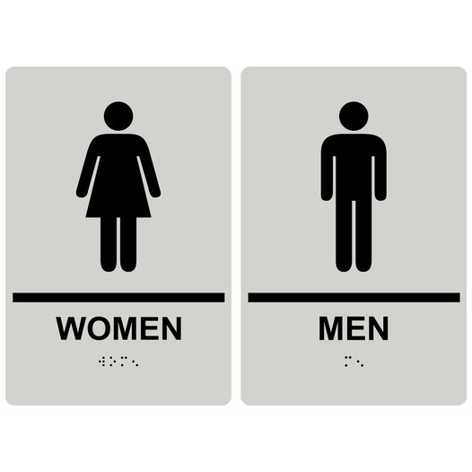 Pearl Gray ADA Braille WOMEN - MEN Restroom Sign Set RRE-125_145PairedSet_Black_on_PearlGray