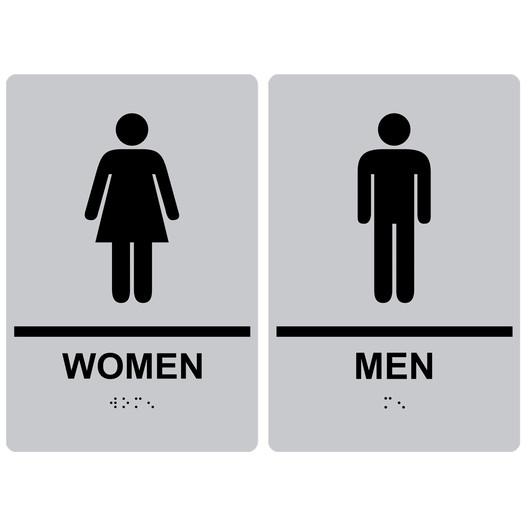 Silver ADA Braille WOMEN - MEN Restroom Sign Set RRE-125_145PairedSet_Black_on_Silver