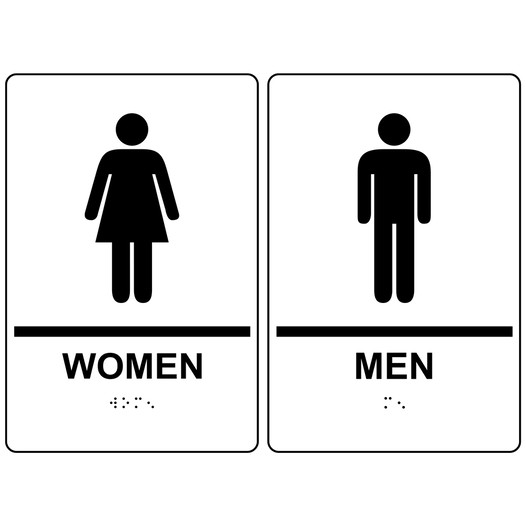 White ADA Braille WOMEN - MEN Restroom Sign Set RRE-125_145PairedSet_Black_on_White