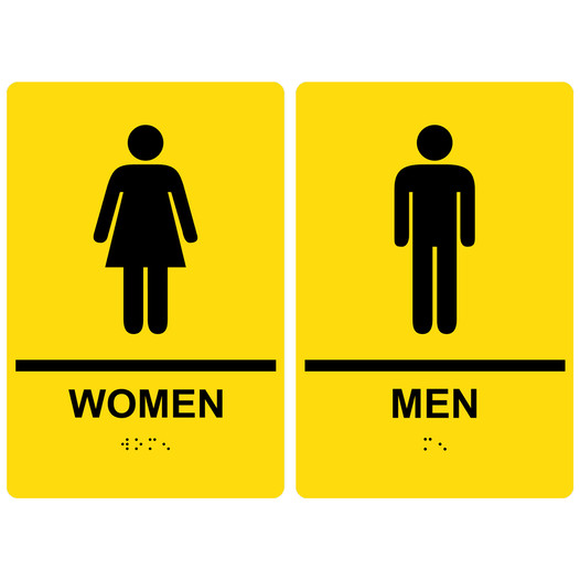 Yellow ADA Braille WOMEN - MEN Restroom Sign Set RRE-125_145PairedSet_Black_on_Yellow