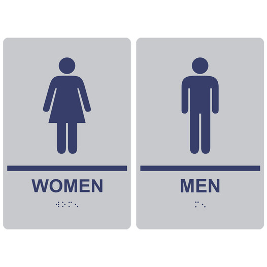 Silver ADA Braille WOMEN - MEN Restroom Sign Set RRE-125_145PairedSet_MarineBlue_on_Silver