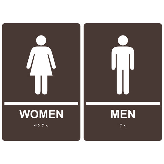 Dark Brown ADA Braille WOMEN - MEN Restroom Sign Set RRE-125_145PairedSet_White_on_DarkBrown