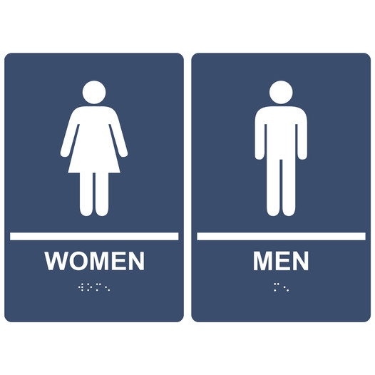 Navy ADA Braille WOMEN - MEN Restroom Sign Set RRE-125_145PairedSet_White_on_Navy