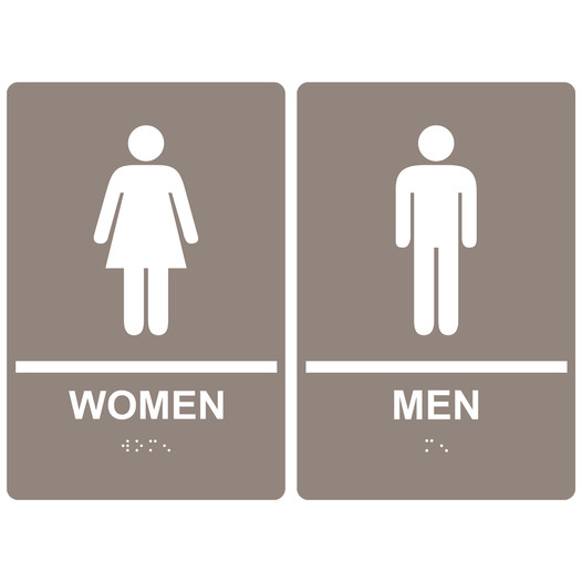 Taupe ADA Braille WOMEN - MEN Restroom Sign Set RRE-125_145PairedSet_White_on_Taupe