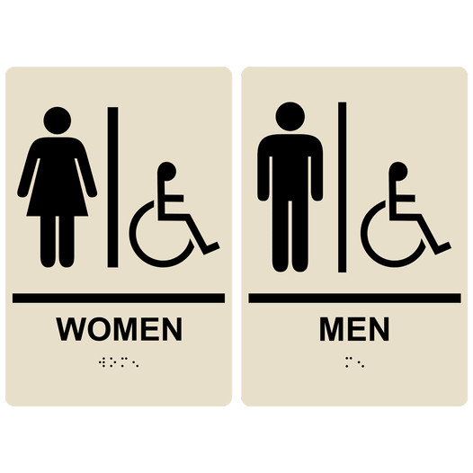 Almond ADA Braille WOMEN - MEN Accessible Restroom Sign Set RRE-130_150PairedSet_Black_on_Almond