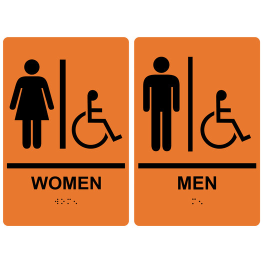 Orange ADA Braille WOMEN - MEN Accessible Restroom Sign Set RRE-130_150PairedSet_Black_on_Orange