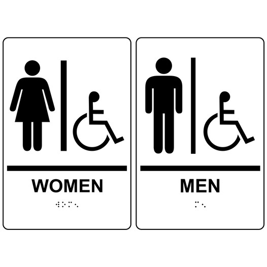 White ADA Braille WOMEN - MEN Accessible Restroom Sign Set RRE-130_150PairedSet_Black_on_White