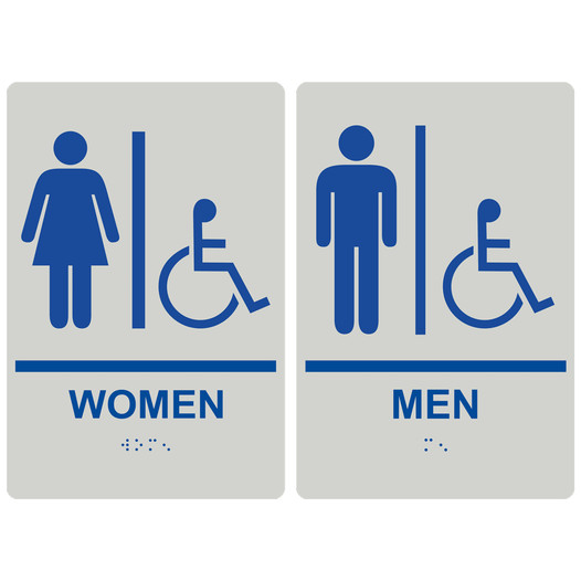 Pearl Gray ADA Braille WOMEN - MEN Accessible Restroom Sign Set RRE-130_150PairedSet_Blue_on_PearlGray