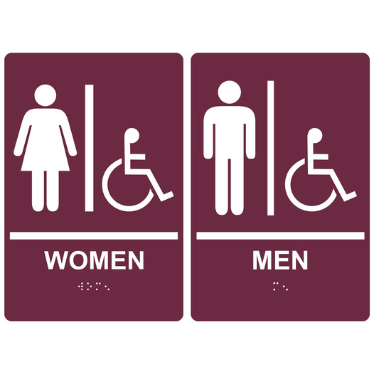 Burgundy ADA Braille WOMEN - MEN Accessible Restroom Sign Set RRE-130_150PairedSet_White_on_Burgundy