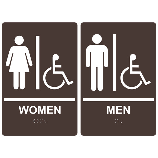 Dark Brown ADA Braille WOMEN - MEN Accessible Restroom Sign Set RRE-130_150PairedSet_White_on_DarkBrown