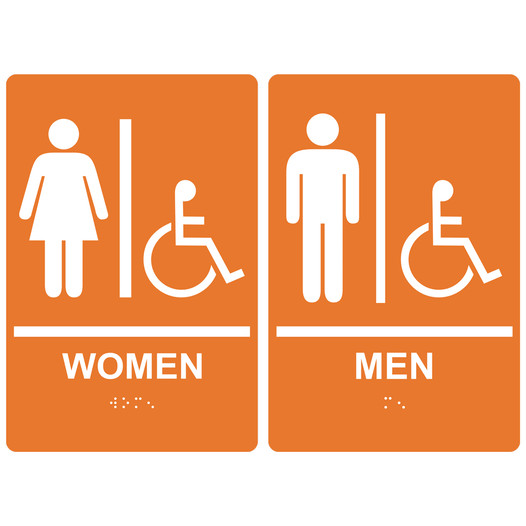 Orange ADA Braille WOMEN - MEN Accessible Restroom Sign Set RRE-130_150PairedSet_White_on_Orange