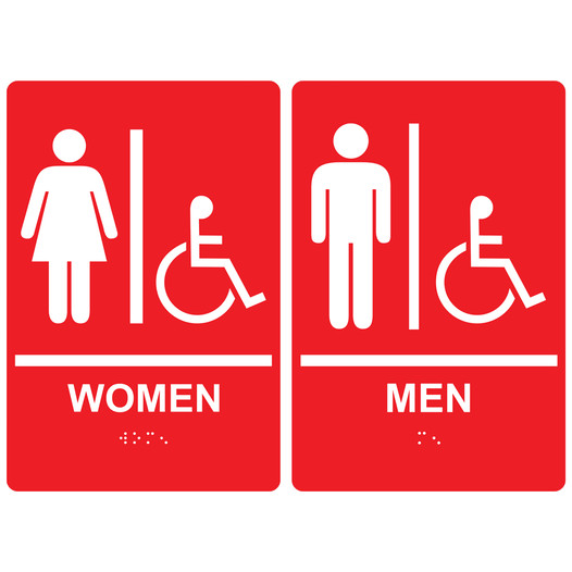 Red ADA Braille WOMEN - MEN Accessible Restroom Sign Set RRE-130_150PairedSet_White_on_Red