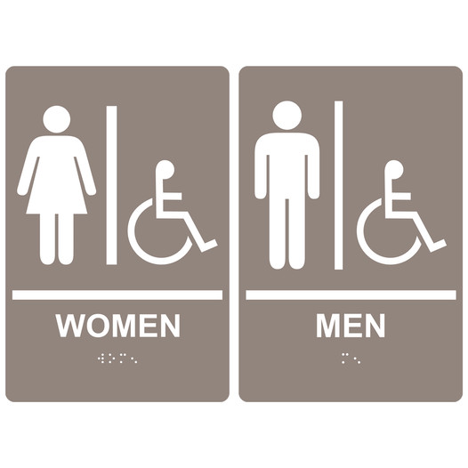 Taupe ADA Braille WOMEN - MEN Accessible Restroom Sign Set RRE-130_150PairedSet_White_on_Taupe