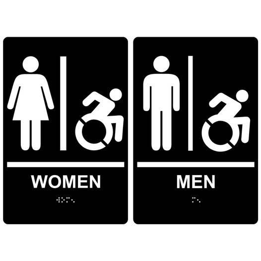 Black Braille WOMEN - MEN Restroom Sign Set with Dynamic Accessibility Symbol RRE-130_150PairedSetR_White_on_Black