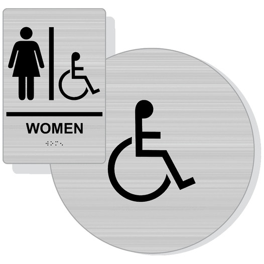 Brushed Silver ADA Braille Accessible WOMEN Restroom Sign Set RRE-130_190_DCS_Set_Black_on_BrushedSilver