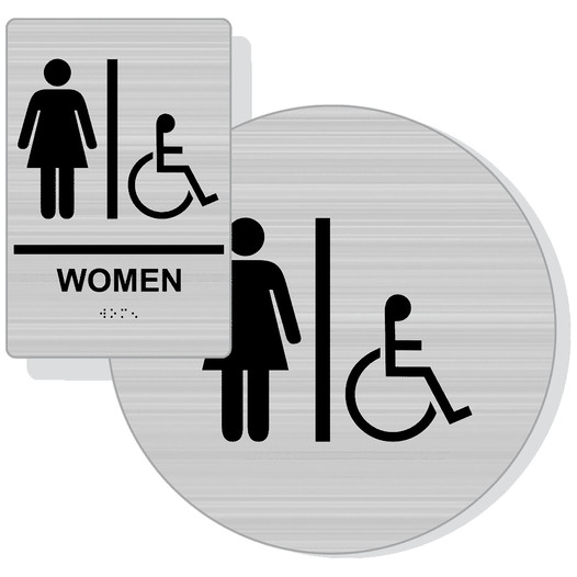 Brushed Silver ADA Braille Accessible WOMEN Restroom Sign Set RRE-130_DCS_Set_Black_on_BrushedSilver