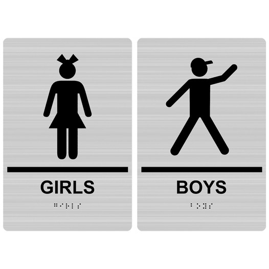 Brushed Silver ADA Braille GIRLS - BOYS Restroom Sign Set RRE-135_155PairedSet_Black_on_BrushedSilver