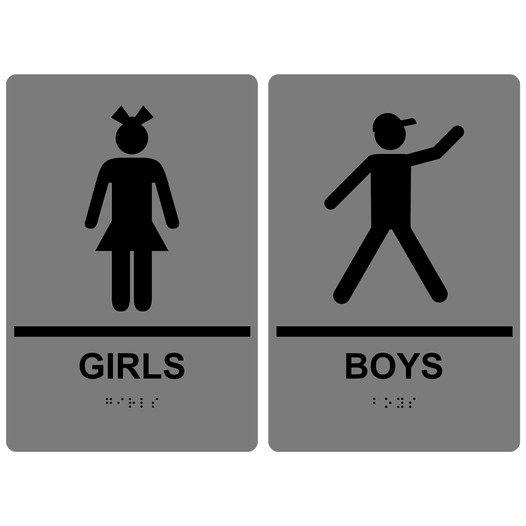 Gray ADA Braille GIRLS - BOYS Restroom Sign Set RRE-135_155PairedSet_Black_on_Gray