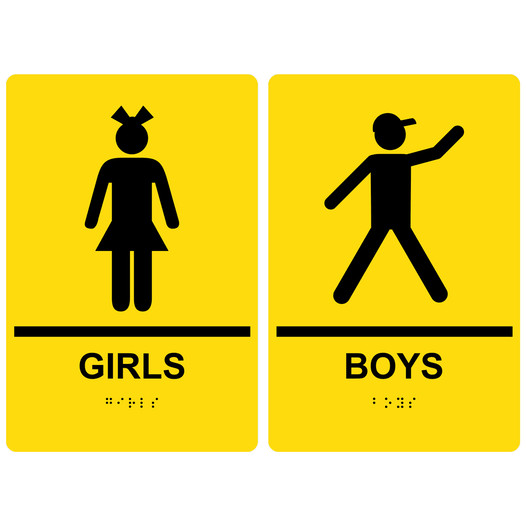 Yellow ADA Braille GIRLS - BOYS Restroom Sign Set RRE-135_155PairedSet_Black_on_Yellow