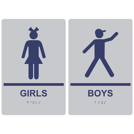 Silver ADA Braille GIRLS - BOYS Restroom Sign Set RRE-135_155PairedSet_MarineBlue_on_Silver