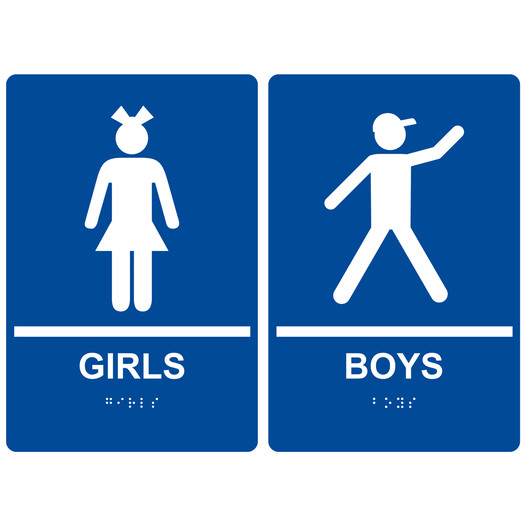 Blue ADA Braille GIRLS - BOYS Restroom Sign Set RRE-135_155PairedSet_White_on_Blue