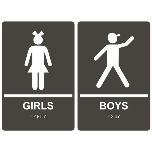 Charcoal Gray ADA Braille GIRLS - BOYS Restroom Sign Set RRE-135_155PairedSet_White_on_CharcoalGray