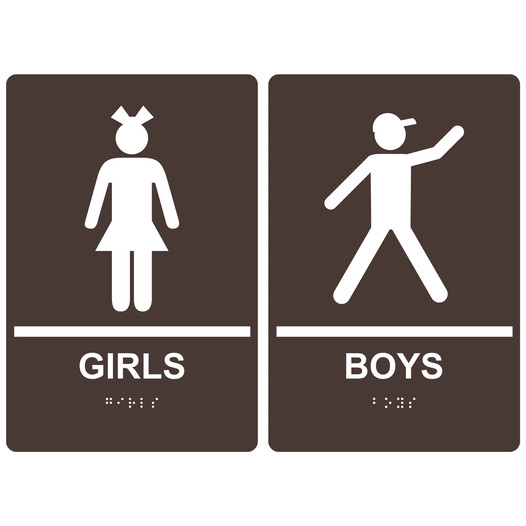 Dark Brown ADA Braille GIRLS - BOYS Restroom Sign Set RRE-135_155PairedSet_White_on_DarkBrown