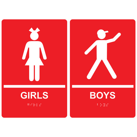 Red ADA Braille GIRLS - BOYS Restroom Sign Set RRE-135_155PairedSet_White_on_Red