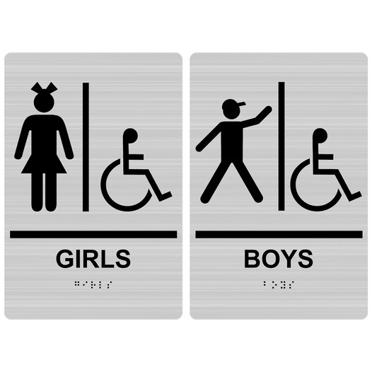 Brushed Silver ADA Braille GIRLS - BOYS Accessible Restroom Sign Set RRE-140_160PairedSet_Black_on_BrushedSilver