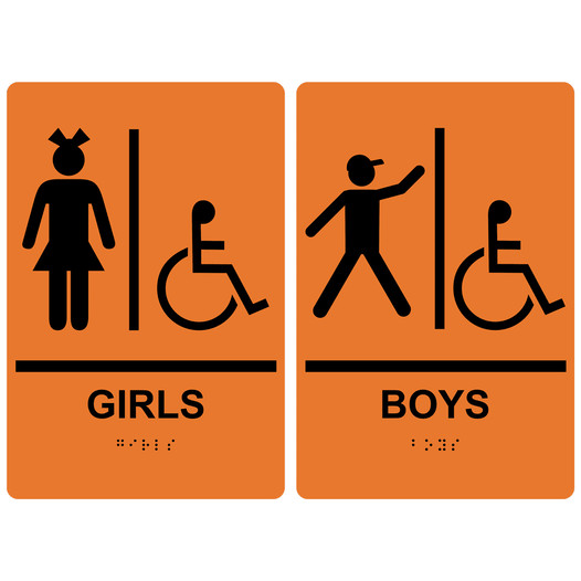 Orange ADA Braille GIRLS - BOYS Accessible Restroom Sign Set RRE-140_160PairedSet_Black_on_Orange