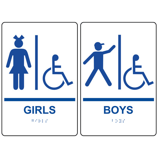 White ADA Braille GIRLS - BOYS Accessible Restroom Sign Set RRE-140_160PairedSet_Blue_on_White