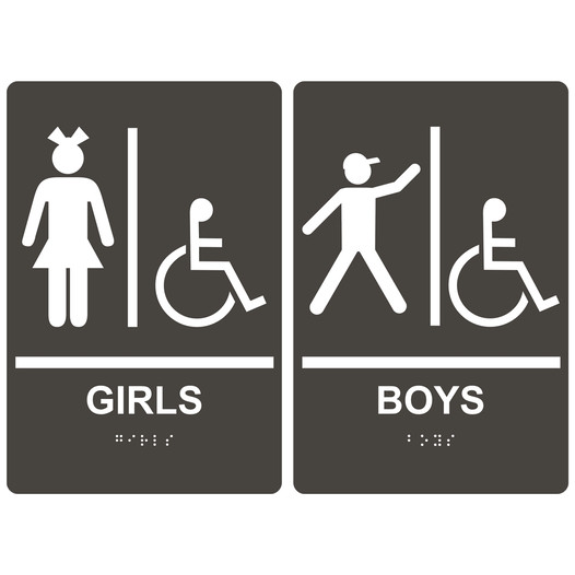 Charcoal Gray ADA Braille GIRLS - BOYS Accessible Restroom Sign Set RRE-140_160PairedSet_White_on_CharcoalGray