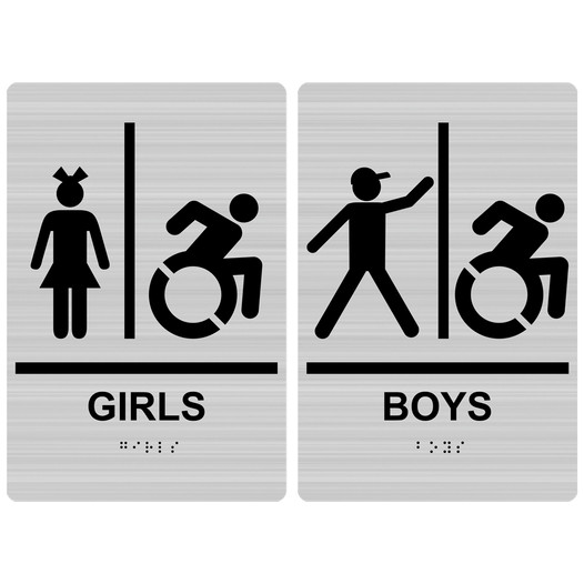 Brushed Silver Braille GIRLS - BOYS Restroom Sign Set with Dynamic Accessibility Symbol RRE-140_160PairedSetR_Black_on_BrushedSilver