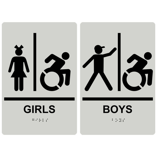 Pearl Gray Braille GIRLS - BOYS Restroom Sign Set with Dynamic Accessibility Symbol RRE-140_160PairedSetR_Black_on_PearlGray