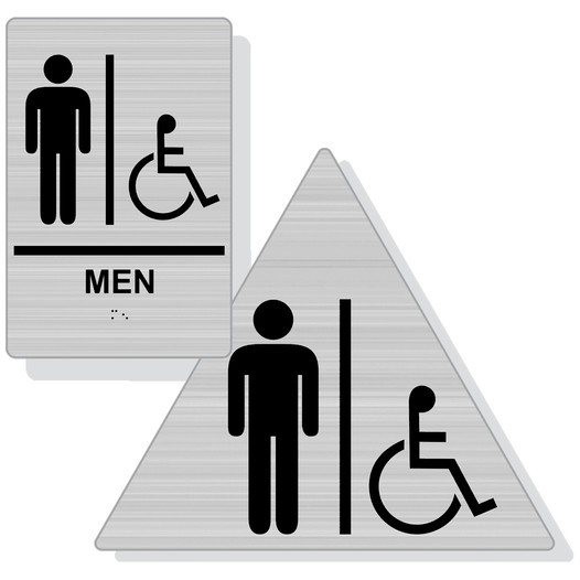 Brushed Silver ADA Braille Accessible MEN Restroom Sign Set RRE-150_DTS_Set_Black_on_BrushedSilver