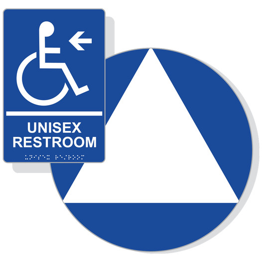 White on Blue California Title 24 Accessible Unisex Restroom Left Sign Set RRE-35201_DCT_Title24Set_White_on_Blue