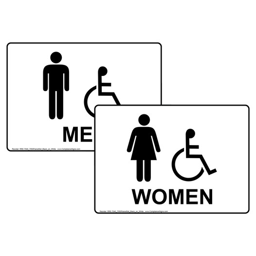 White Accessible MEN WOMEN Restrooms Sign Set With Symbol RRE-7040_7050PairedSet_Black_on_White