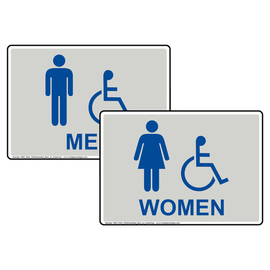 Pearl Gray Accessible MEN WOMEN Restrooms Sign Set With Symbol RRE-7040_7050PairedSet_Blue_on_PearlGray