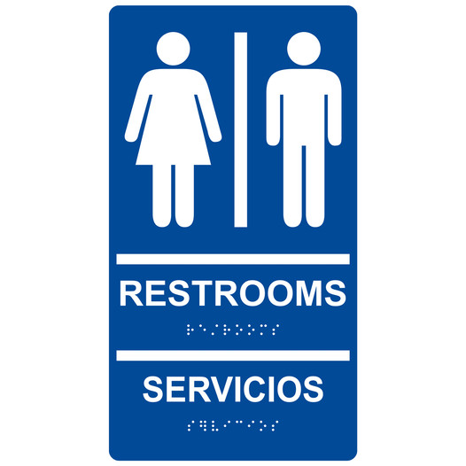Blue ADA Braille RESTROOMS - SERVICIOS Sign RRB-105_White_on_Blue