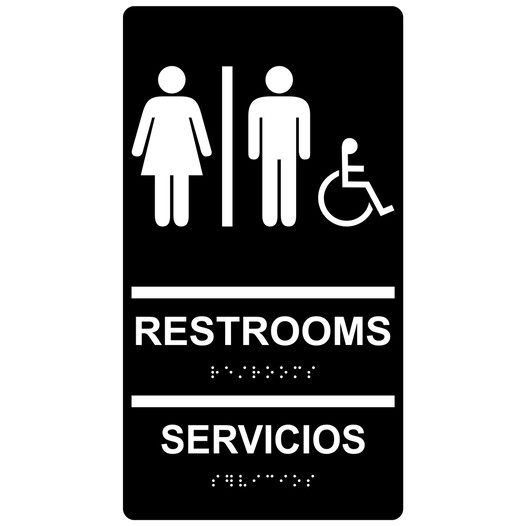Black ADA Braille Accessible RESTROOMS - SERVICIOS Sign RRB-115_White_on_Black