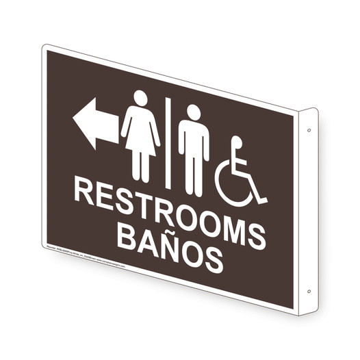 Projection-Mount Dark Brown Accessible RESTROOMS - BANOS (With Outward Arrow) Sign With Symbol