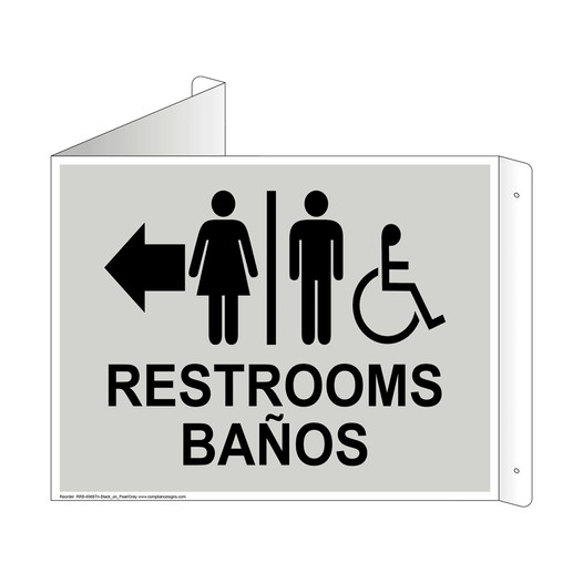Pearl Gray Triangle-Mount Accessible RESTROOMS - BAÑOS (With Outward Arrow) Sign With Symbol RRB-6988Tri-Black_on_PearlGray