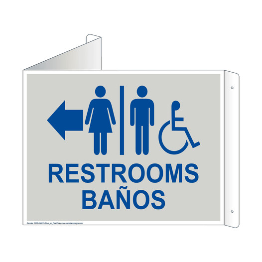 Pearl Gray Triangle-Mount Accessible RESTROOMS - BAÑOS (With Outward Arrow) Sign With Symbol RRB-6988Tri-Blue_on_PearlGray