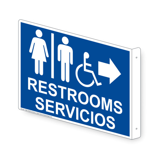 Projection-Mount Blue Accessible RESTROOMS - SERVICIOS (With Inward Arrow) Sign With Symbol RRB-7020Proj-White_on_Blue